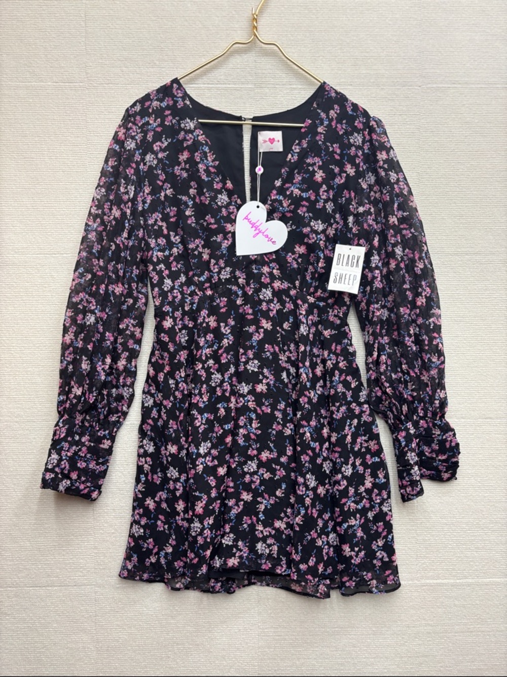 New Buddy Love | large Black Floral Long-Sleeve Dress - Pink Floral